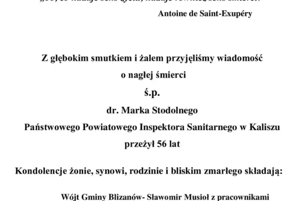 Pożegnanie śp. dr. Marka Stodolnego – kondolencje od władz gminy Blizanów
