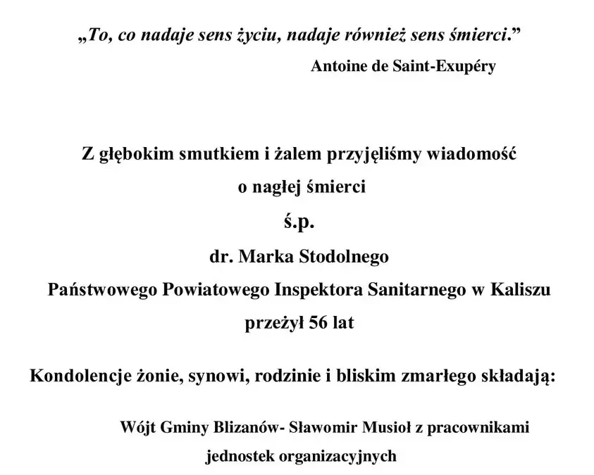 Pożegnanie śp. dr. Marka Stodolnego – kondolencje od władz gminy Blizanów