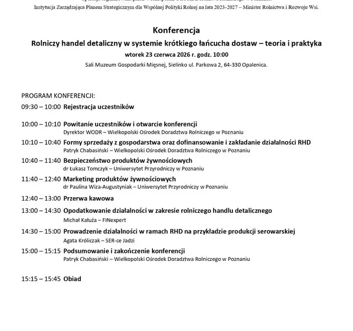 Bezpłatna konferencja o rolniczym handlu detalicznym w Opalenicy