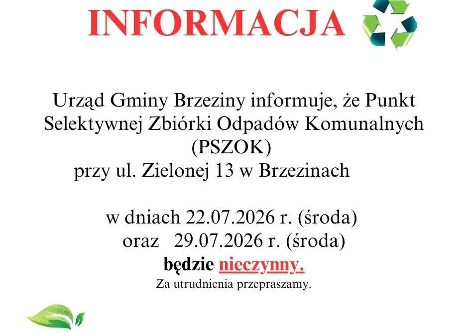 PSZOK w Brzezinach nieczynny w dwóch lipcowych środach