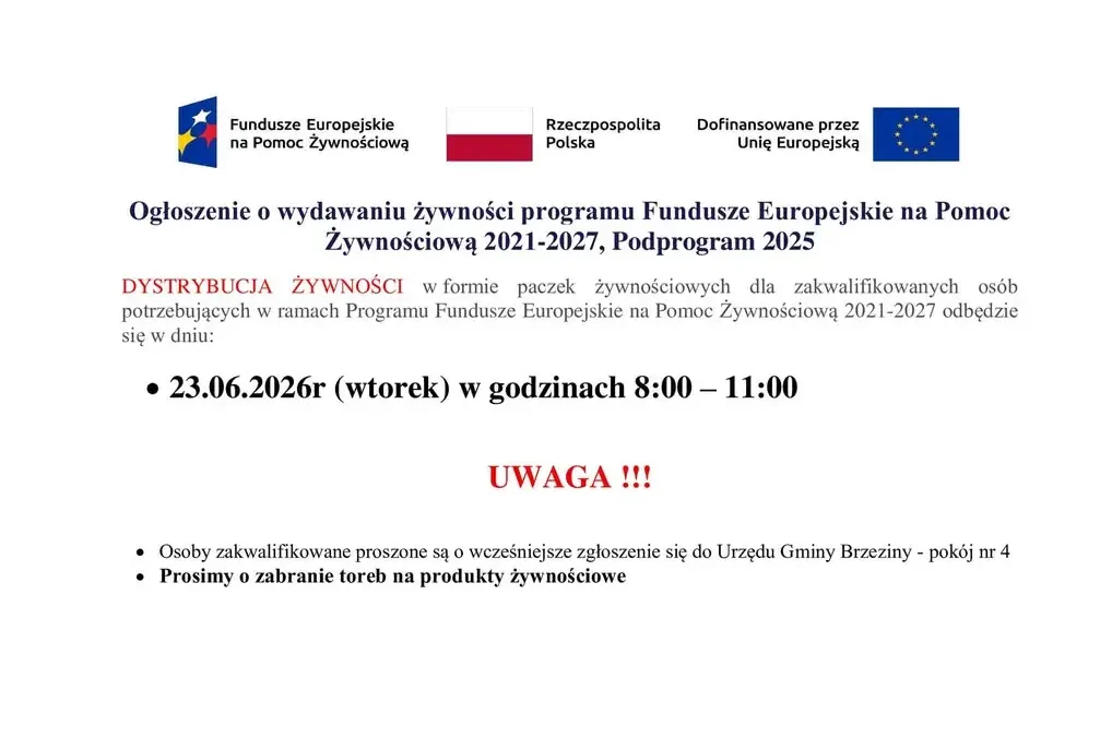 Dystrybucja paczek żywnościowych w Gminie Brzeziny – 23 czerwca 2026