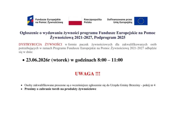Dystrybucja paczek żywnościowych w Gminie Brzeziny – 23 czerwca 2026