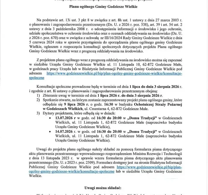 Konsultacje społeczne Planu ogólnego Gminy Godziesze Wielkie – rusza zbieranie opinii