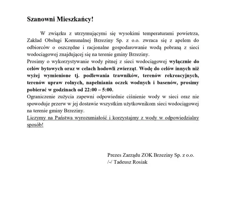 Gmina Brzeziny apeluje o oszczędzanie wody w czasie upałów