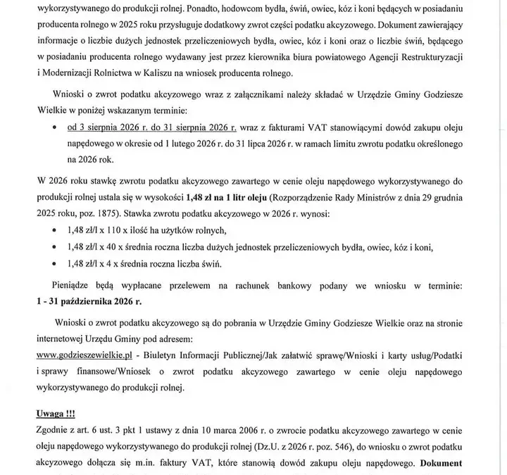 Zwrot podatku akcyzowego dla rolników w II półroczu 2026 – terminy i stawki