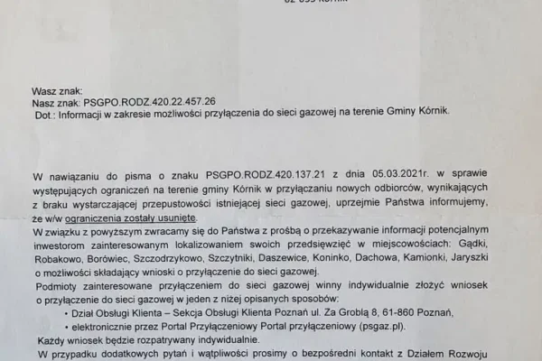 PSG znosi ograniczenia w przyłączaniu do sieci gazowej w 10 miejscowościach gminy Kórnik