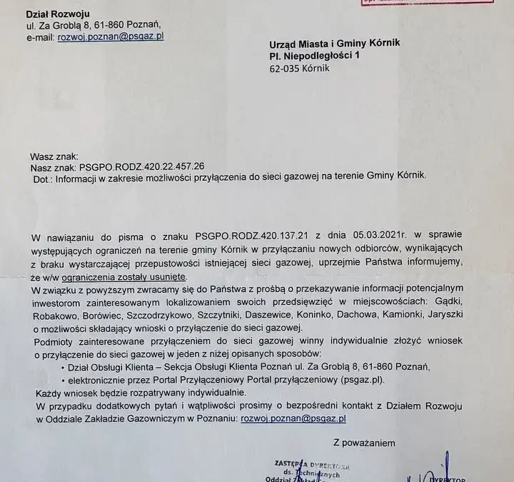 PSG znosi ograniczenia w przyłączaniu do sieci gazowej w 10 miejscowościach gminy Kórnik