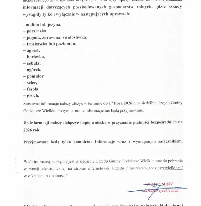 Rolnicy z gminy Godziesze Wielkie mogą zgłaszać straty w uprawach po upałach