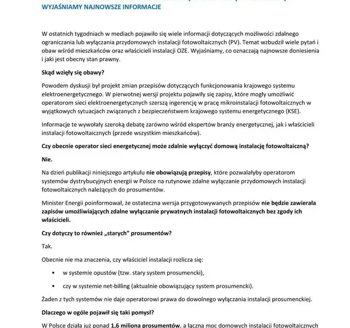 Czy operator sieci może wyłączyć domową fotowoltaikę? Wyjaśniamy fakty