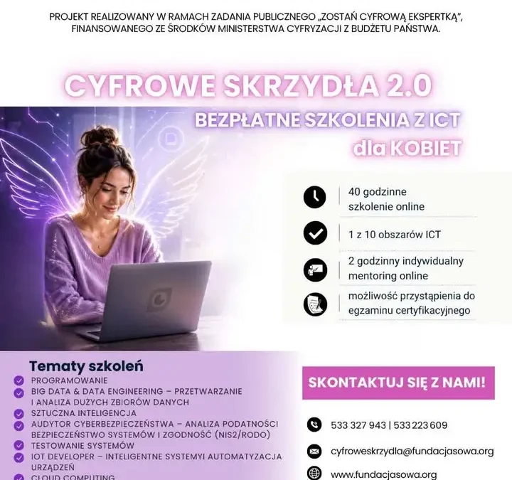 Bezpłatne szkolenia z nowoczesnych technologii dla kobiet – „Cyfrowe Skrzydła 2.0”