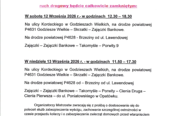 Mistrzostwa Polski w kolarstwie szosowym – utrudnienia w ruchu w gminie Godziesze Wielkie