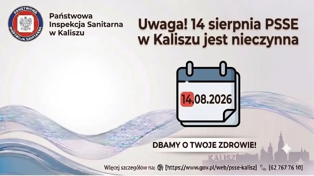 PSSE w Kaliszu nieczynna 14 sierpnia – dzień wolny za święto