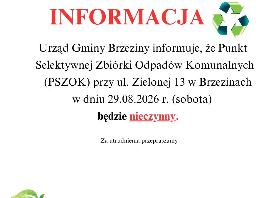 PSZOK w Brzezinach nieczynny w sobotę 29 sierpnia