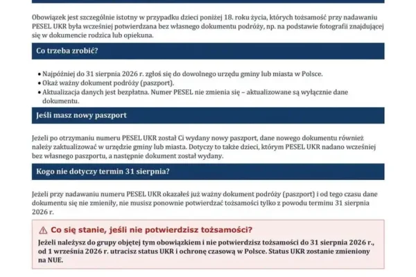 Obywatele Ukrainy z PESEL UKR muszą potwierdzić tożsamość do 31 sierpnia
