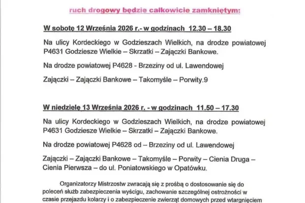 Mistrzostwa Polski w kolarstwie szosowym – czasowe zamknięcia dróg w gminie