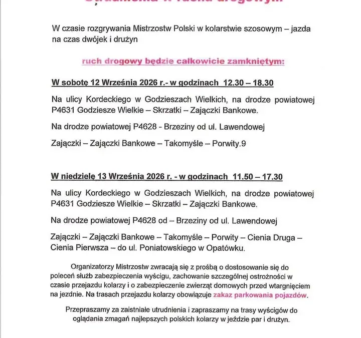 Mistrzostwa Polski w kolarstwie szosowym – czasowe zamknięcia dróg w gminie