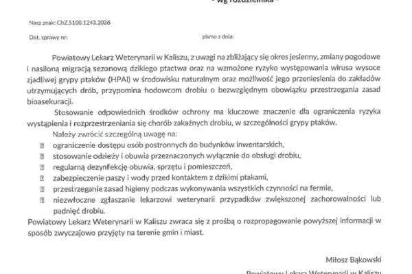 Powiatowy Lekarz Weterynarii w Kaliszu ostrzega hodowców drobiu przed grypą ptaków