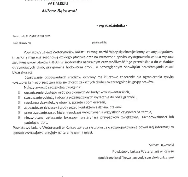 Powiatowy Lekarz Weterynarii w Kaliszu ostrzega hodowców drobiu przed grypą ptaków