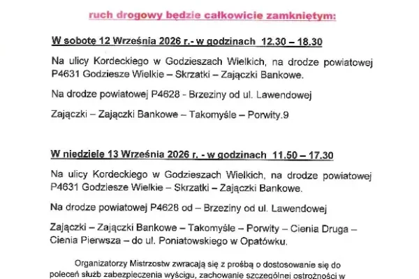 Mistrzostwa Polski w kolarstwie szosowym w Opatówku – utrudnienia w ruchu 12-13 września