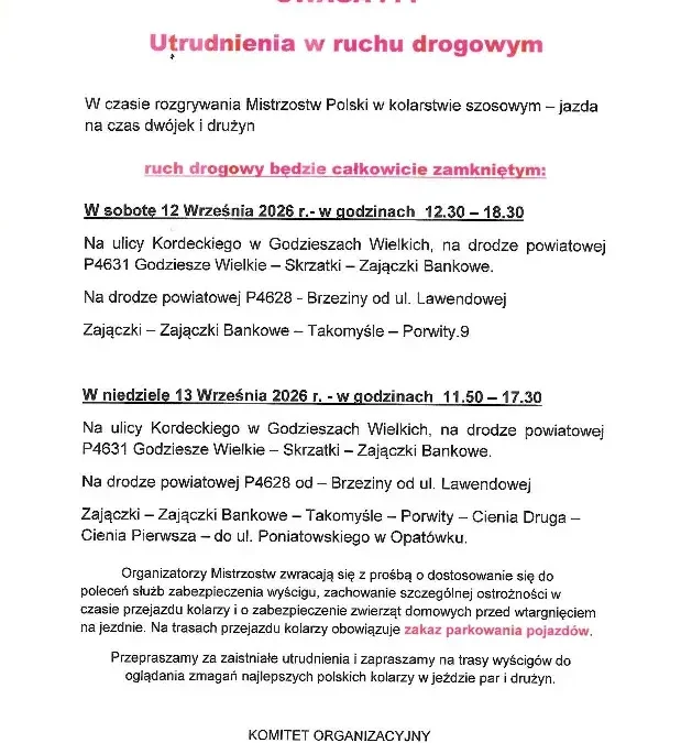 Mistrzostwa Polski w kolarstwie szosowym w Opatówku – utrudnienia w ruchu 12-13 września