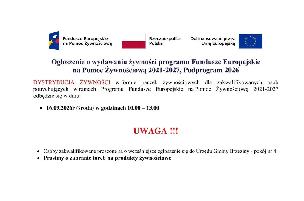 Paczki żywnościowe dla mieszkańców gminy Brzeziny – dystrybucja 16 września