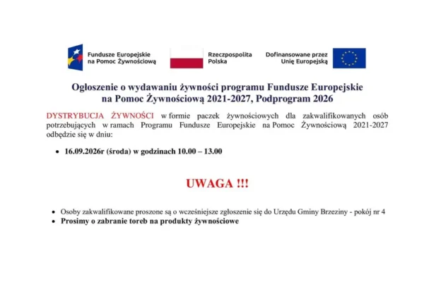 Paczki żywnościowe dla mieszkańców gminy Brzeziny – dystrybucja 16 września