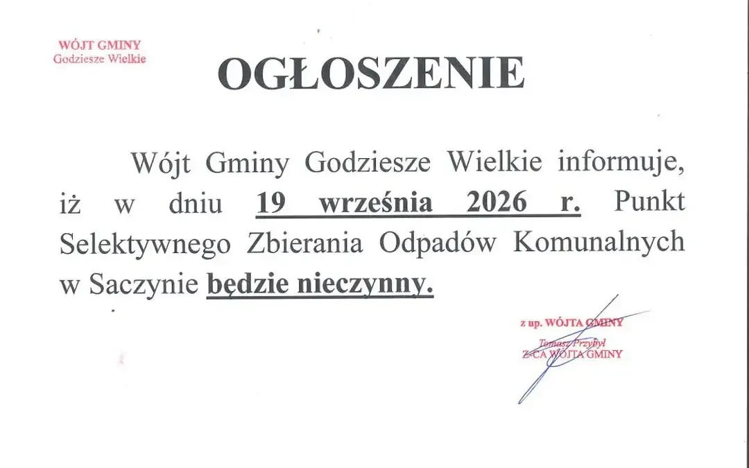 PSZOK w Saczynie nieczynny 19 września 2026 – komunikat Wójta Gminy Godziesze Wielkie