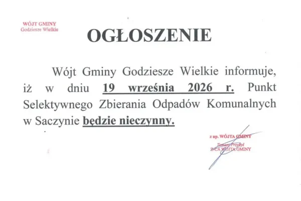 PSZOK w Saczynie nieczynny 19 września 2026 – komunikat Wójta Gminy Godziesze Wielkie