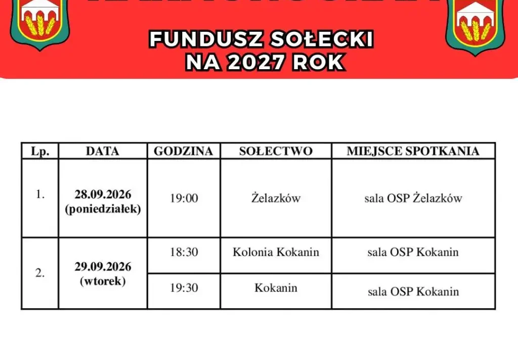 Fundusz sołecki 2027: harmonogram zebrań wiejskich w gminie Żelazków