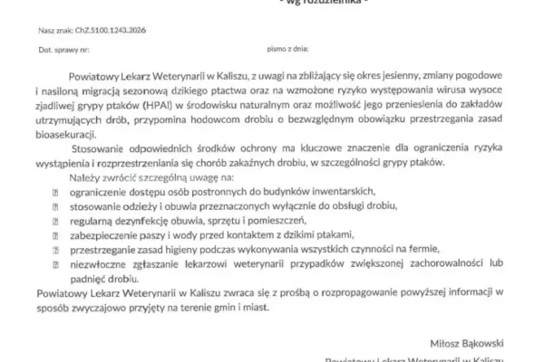 Powiatowy Lekarz Weterynarii w Kaliszu ostrzega hodowców drobiu przed grypą ptaków
