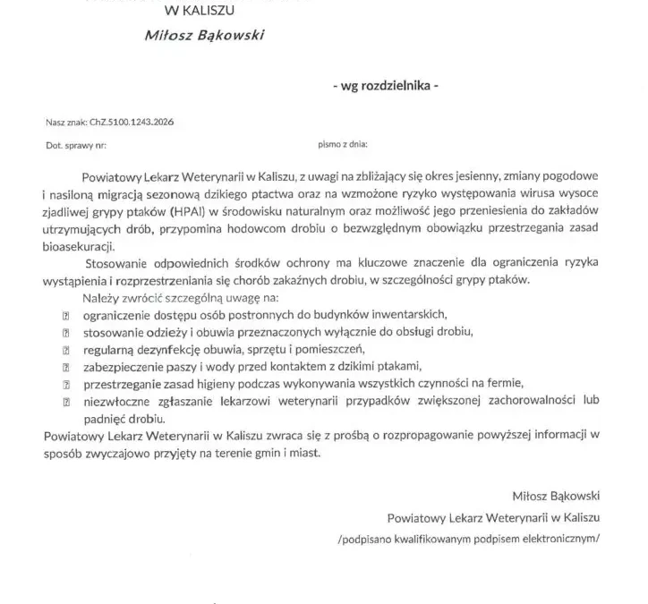 Powiatowy Lekarz Weterynarii w Kaliszu ostrzega hodowców drobiu przed grypą ptaków