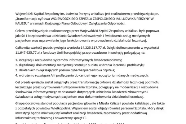 Cyfrowa transformacja kaliskiego szpitala za ponad 14 mln zł