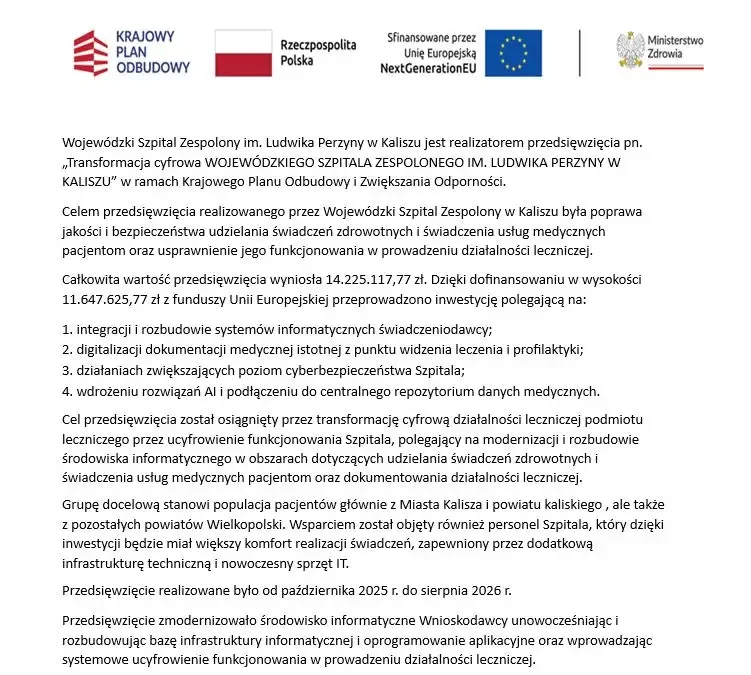 Cyfrowa transformacja kaliskiego szpitala za ponad 14 mln zł
