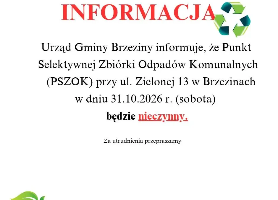 PSZOK w Brzezinach nieczynny w sobotę 31 października 2026