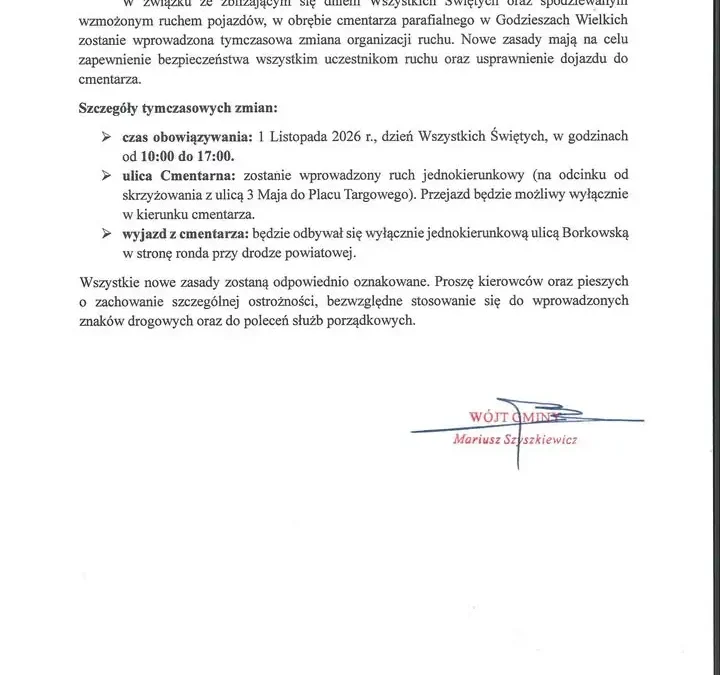 Godziesze Wielkie: zmiana organizacji ruchu przy cmentarzu 1 listopada