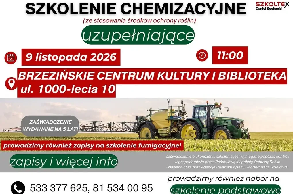 Obowiązkowe szkolenie chemizacyjne dla rolników gminy Brzeźno – 9 listopada 2026