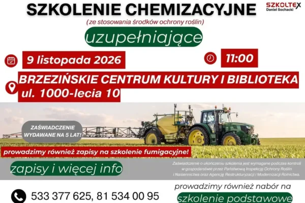 Obowiązkowe szkolenie chemizacyjne dla rolników gminy Brzeźno – 9 listopada 2026