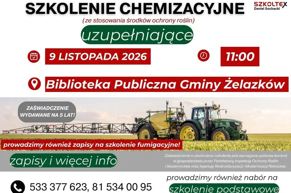 Szkolenie chemizacyjne dla rolników w Gminie Żelazków – 9 listopada 2026