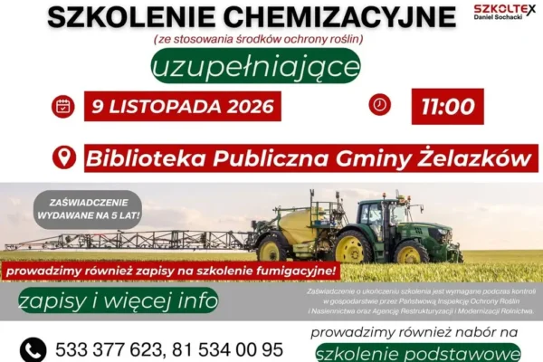Szkolenie chemizacyjne dla rolników w Gminie Żelazków – 9 listopada 2026