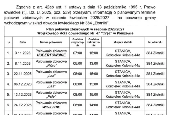 Polowania zbiorowe w obwodzie łowieckim nr 384 „Złotniki” – harmonogram sezonu 2026/2027